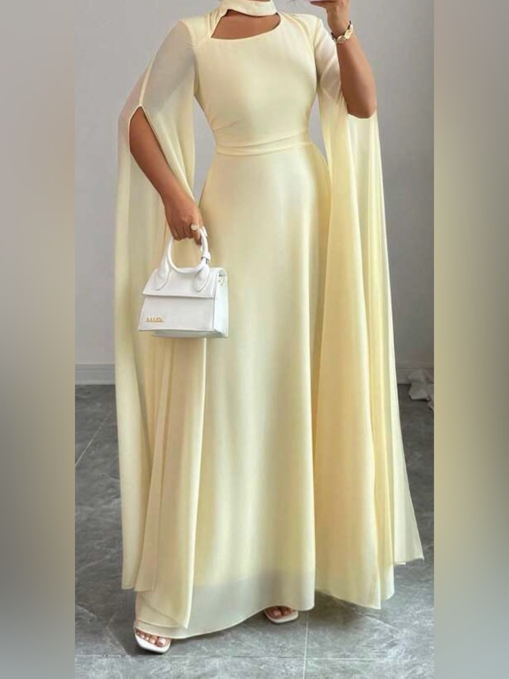 Elegant Cream Flowing Cape-Sleeve Evening Dress